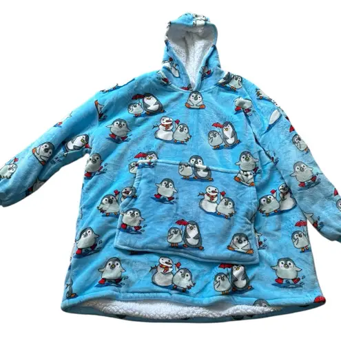 Oodie Original Cozy Blue Penguin Hoodie Blanket size /age 14 and up