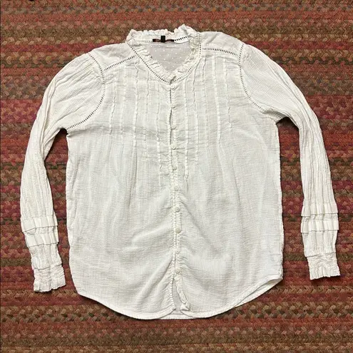 Quince WHITE RIBBED BUTTON FRONT BOHO ROMANTIC VICTORIAN LONG SLEEVE