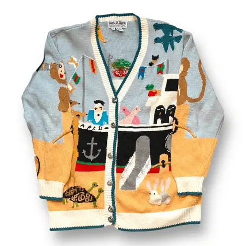 Vintage Noahs Ark Cardigan Sweater Linen Cotton Colorful Animal Print 90s Small Blue