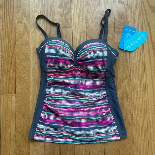 Free Country NWT Bandeau Grey/Pink Dot Stripes Padded Tankini Size Small