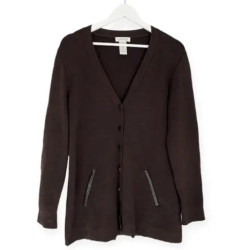 Orvis Women’s 100% Wool Leather Trim Button Front V Neck Cardigan Brown Medium
