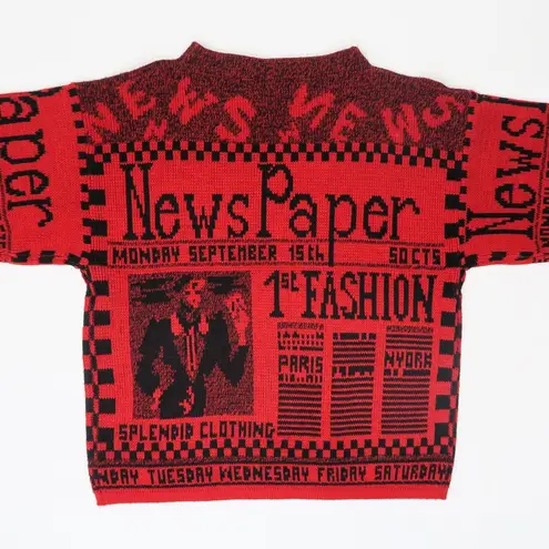 Vintage 80s Via l.A. Newspaper AOP Red Sweater Size M