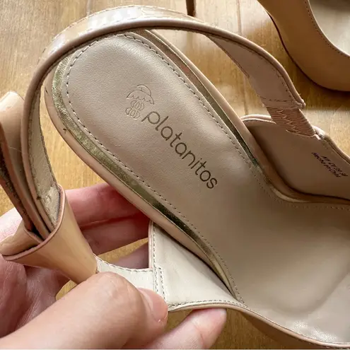 Platanitos Pointed Toe Patent Leather Heels with Bow, Nude, Size 38 (US 7) Tan