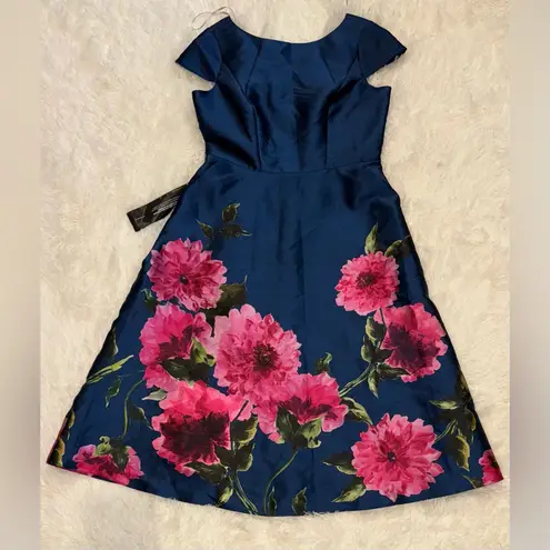 NWOT Kay Unger Ina Floral Belted midi Dark Ink/ French Rose Dress sz 14 Pink