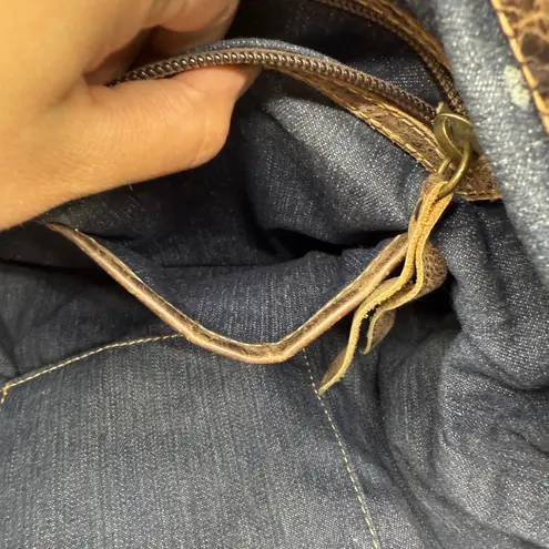 American West TrueLu Brown Leather Tote Bag Purse Denim Lined Shoulder Bag