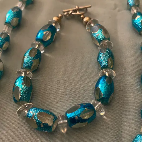 Vintage 20” Necklace & 7.5” Bracelet Set Aqua Teal Blue Shimmer & Clear Beads