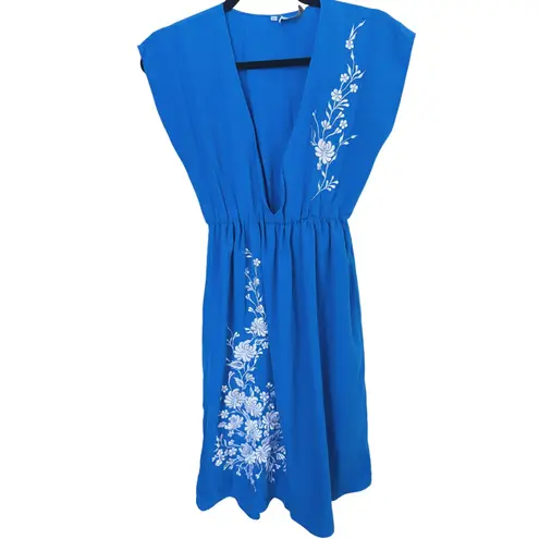 Yumi Kim V-Neck Mini Dress Embroidered Blue White XS Soft Femme Oriental Floral