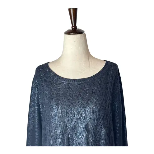 Club Monaco Sweater Women Medium Navy Blue Metallic Cable Knit Pullover Preppy