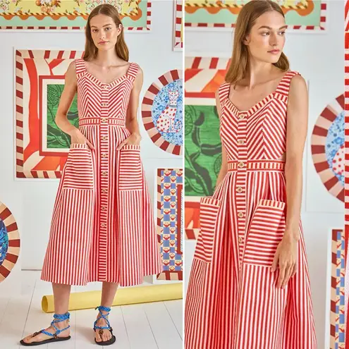 Hunter Bell Cosi Striped Midi Dress Red Poppy White Button Front Size 2 NWT - Image 3