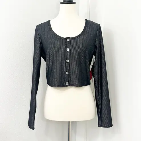 New Carbon38 Medium Black Metallic Ribbed Long Sleeve Shimmer Cropped Cardigan