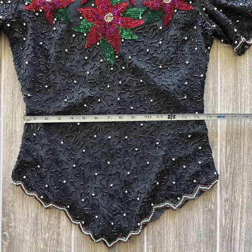 Laurence Kazar Brand Beautiful Black/Red Embellished Christmas Holiday Top Sz SM