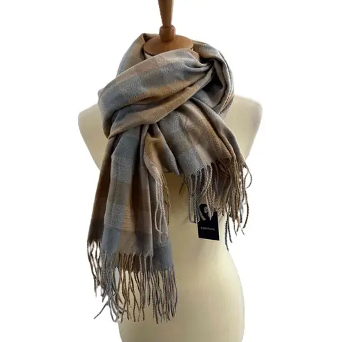Hat Attack Scarf Plaid Scarf Blue Tan Fringe Ends Blanket Scarf New