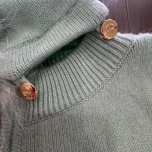 St. John Vintage/Rare Mint Green Cashmere Hooded Cardigan With Fox Fur Trim sz L - Image 11