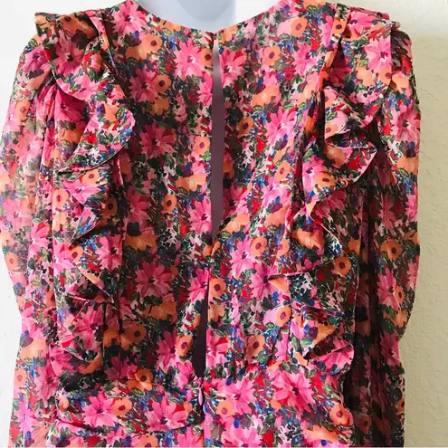 ZARA  Pink Floral‎ Draped Long Puff Sleeve Ruffle Mini Dress Size M Blogger Fav