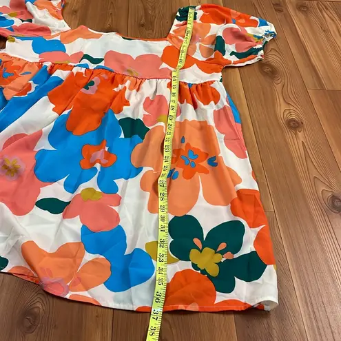 Boutique BiBi Floral Puff Sleeve Square Neck Babydoll Mini Dress XL Retro Style 70s New