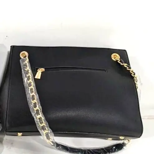 Max Studio NWT  Black Pebble Grain Double Handle Gold Tone Chain Tote Purse