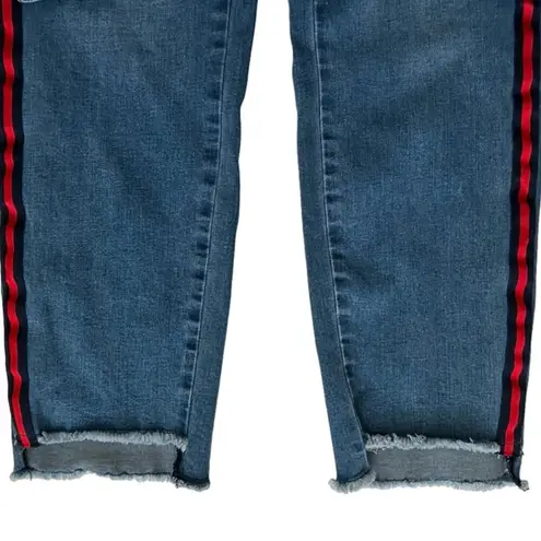 Tribal Jeans Distressed Stretch Raw Hem Side Red Stripe Ankle Jeans Size 12 Blue