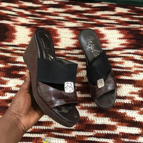 Bright Swimwear Brighton Black Brown leather silver accents high heel wedges mules sandals pump