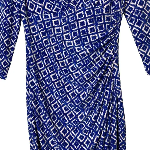 Ralph Lauren  Faux Wrap Dress 3/4 Sleeve Knee Length Ruched Blue Ikat Geo, size 4