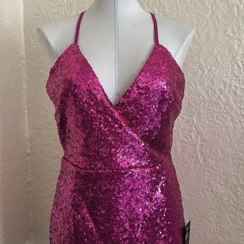 Lulu’s Hilaria Fuschia Pink Sequin Halter Asymmetrical Hem Mini Dress NWT M Size M