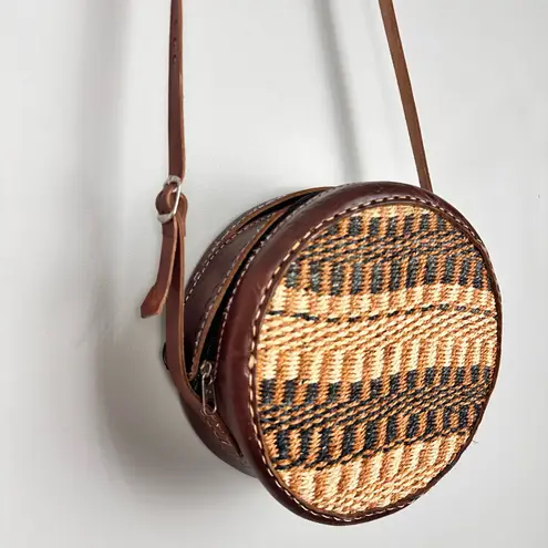 Handmade Jute Woven Boho Crossbody Circle Bag Brown Leather