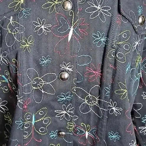 CJ Banks Embroidered Floral Button Down Shirt Jacket Long Sleeve 2X Black Size XXL