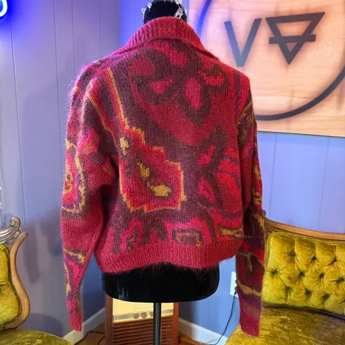 Vintage 80s/90s Linda Allard For Ellen Tracy Cropped Abstract Paisley Cardigan Red Size M