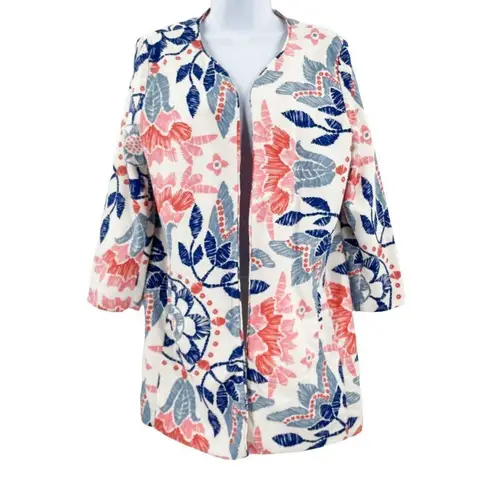 Neiman Marcus Hinge Floral Linen Blend Open Front Lightweight Blazer Blouse Top