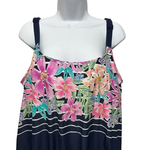 Beach House Womens Plus 22W Tankini Swim Top Navy Floral Striped Adjustable Tie Blue