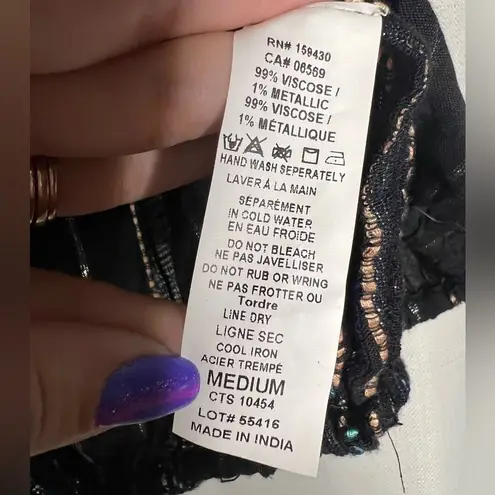 Elan Black Metallic Stripe Tie Strap Top Medium