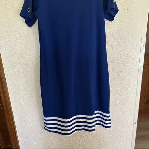 Quacker Factory Blue White Size XS Short Sleeve Striped Hem Knit Dress Grommets