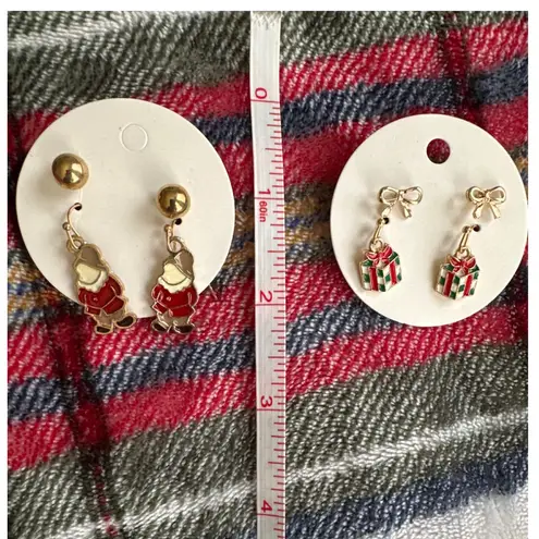 Christmas Gnome & Gift Earrings Set Gold Tone Enamel Holiday Jewelry