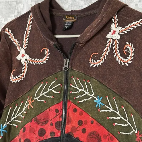 Rising International Hoodie Jacket Nepal Women Cotton Hippie Flower Patch Sz XL