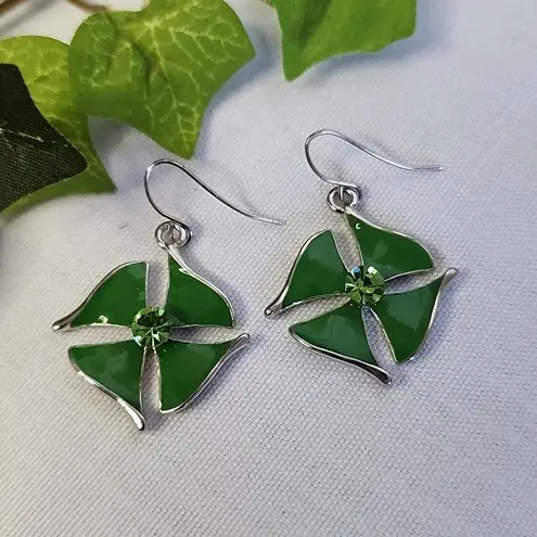 Silver Green Enamel Clover Drop Earrings New
