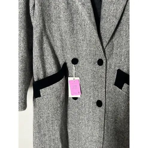 Vintage Deadstock Noble Fashions Wool Herringbone Maxi Pea Coat Sz 8 Velvet Trim Black