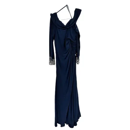 Mac Duggal 12231 Midnight Beaded Cuff Drop Shoulder Faux Wrap Gown Size 12 NWT