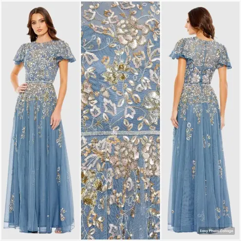 Mac Duggal  5717 Womens Blue Embellished Butterfly Sleeve High Neck Gown