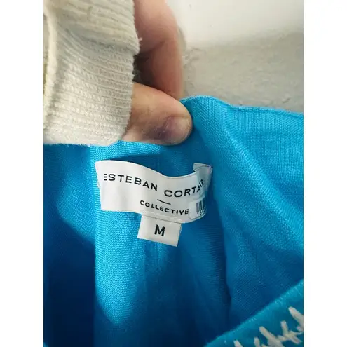 ESTEBAN CORTAZAR COLLECTIVE Aqua Hourglass White Stitch Midi Dress Size Medium Blue