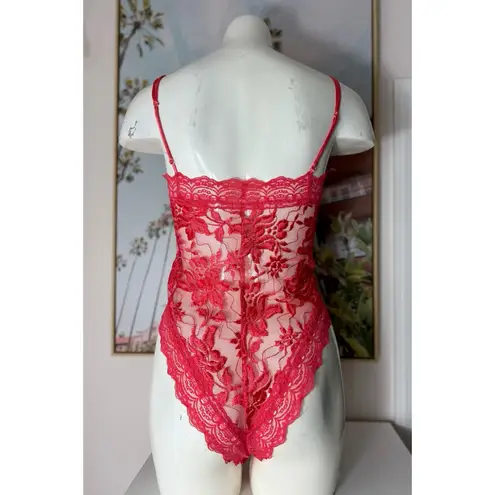 Cacique Coral Pink Sheer Lace Teddy Bodysuit Bow Tie Lingerie Size Large