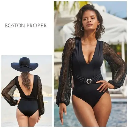 Boston Proper New.  black long sleeve plunge one piece swimsuit. Medium