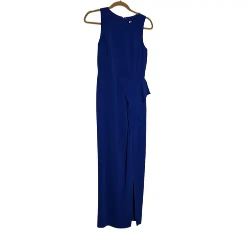 Mikael Aghal Royal Blue High Neck Sleeveless Ruffle Waist Slit Leg Maxi Dress 2