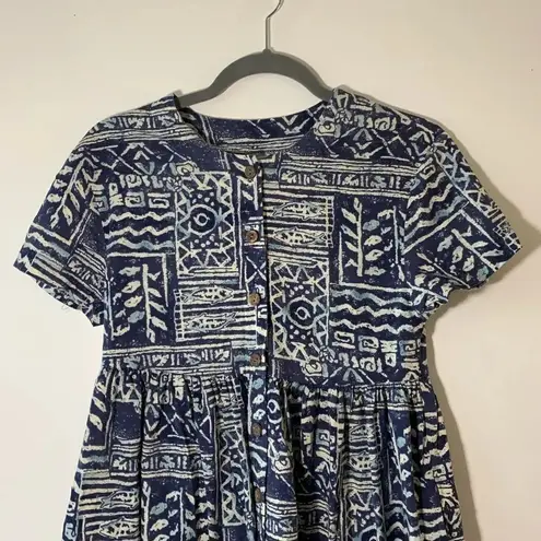 Hilo Hattie Batik Print Baby Doll Dress Hawaii XS Surfer West Coast Skater Dress Blue