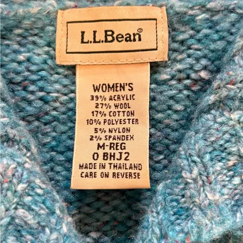 LL Bean Vintage Wool Blend Confetti Cable Knit Cardigan Sweater Womens Medium Blue