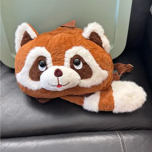 Adorable Raccoon head form plush bag backpack purse with fluffy tail Brown