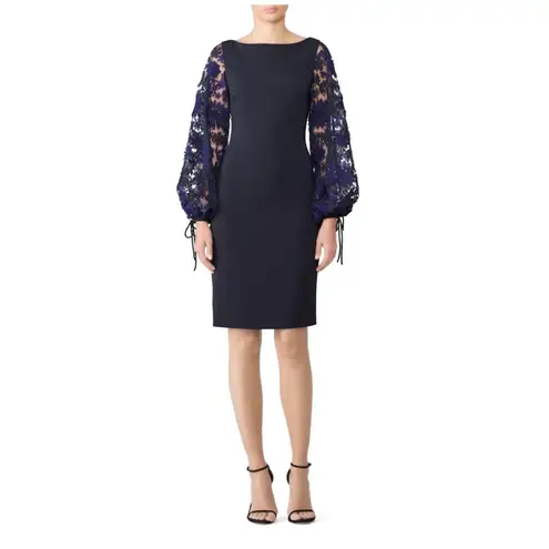 Badgley Mischka navy blue Embroidered balloon Sleeve sheath Dress