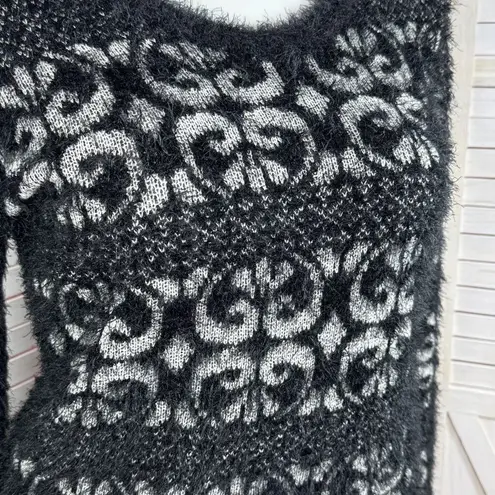 Celsius Premium Scroll Print Fuzzy Eyelash Knit Sweater Black XL