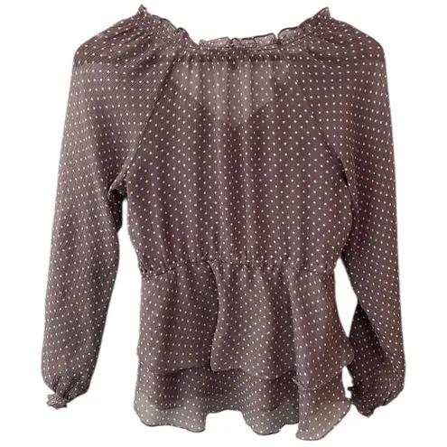 Cynthia Steffe POLKADOT SILK LONG SLEEVE SHEER CHIFFON BLOUSE MAUVE WHITE TOP M