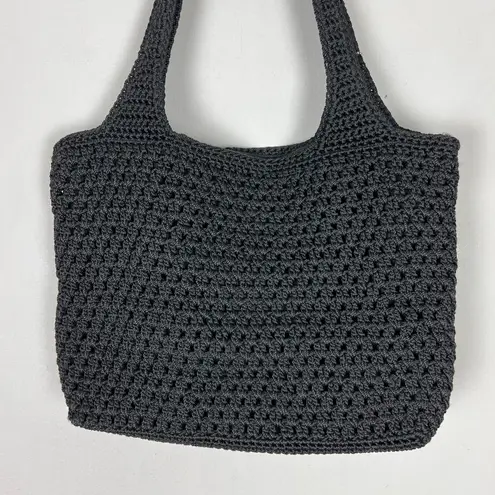 The Sak Shoulder Bag Purse Black Crochet Knit Double Handle Zip Outside Pocket