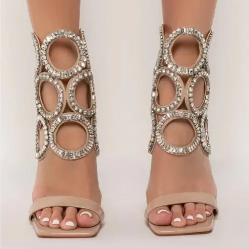 Azelia Wang Tan Stiletto Sandals 9 Nude Embellished PUT A RING ON IT Sexy Heels