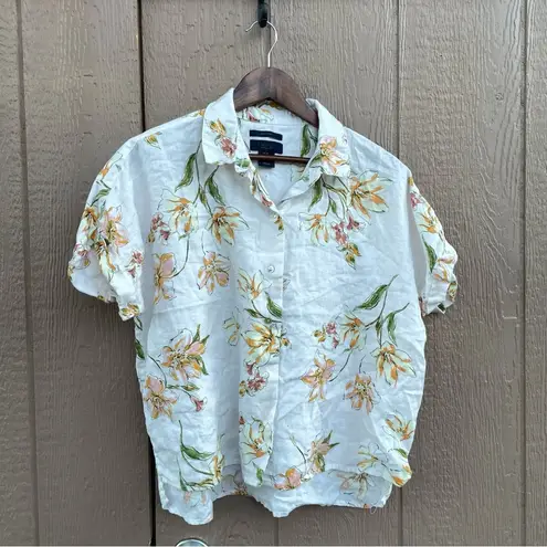 Rachel Roy Rachel Womens Shirt Cream Floral Button Up Boxy Linen Size Medium